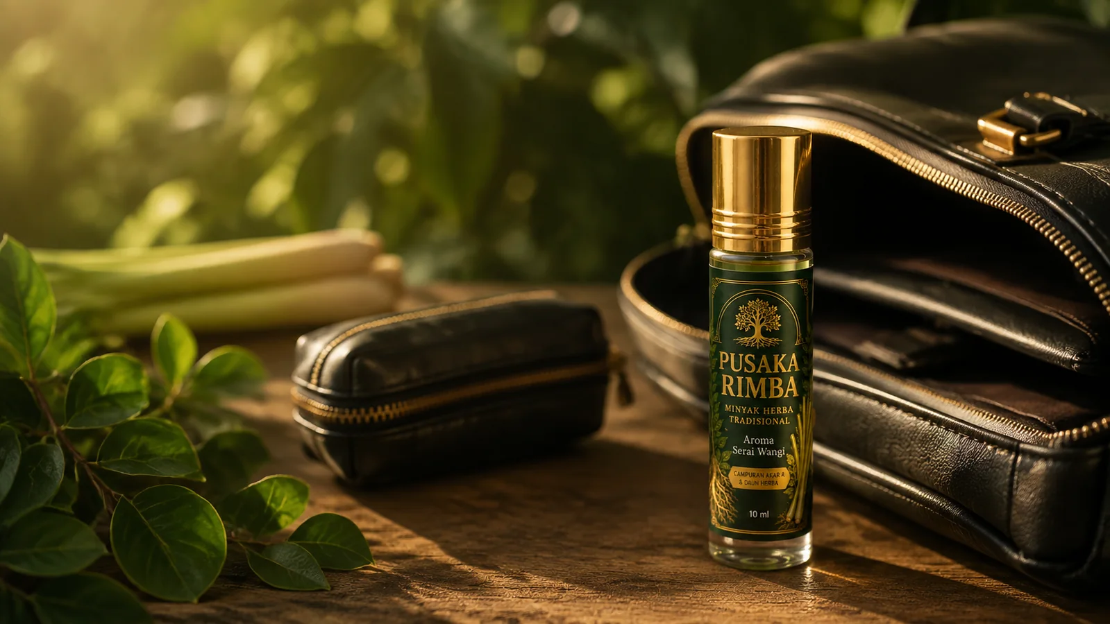 Pusaka Rimba 10ml beside a work bag and travel pouch